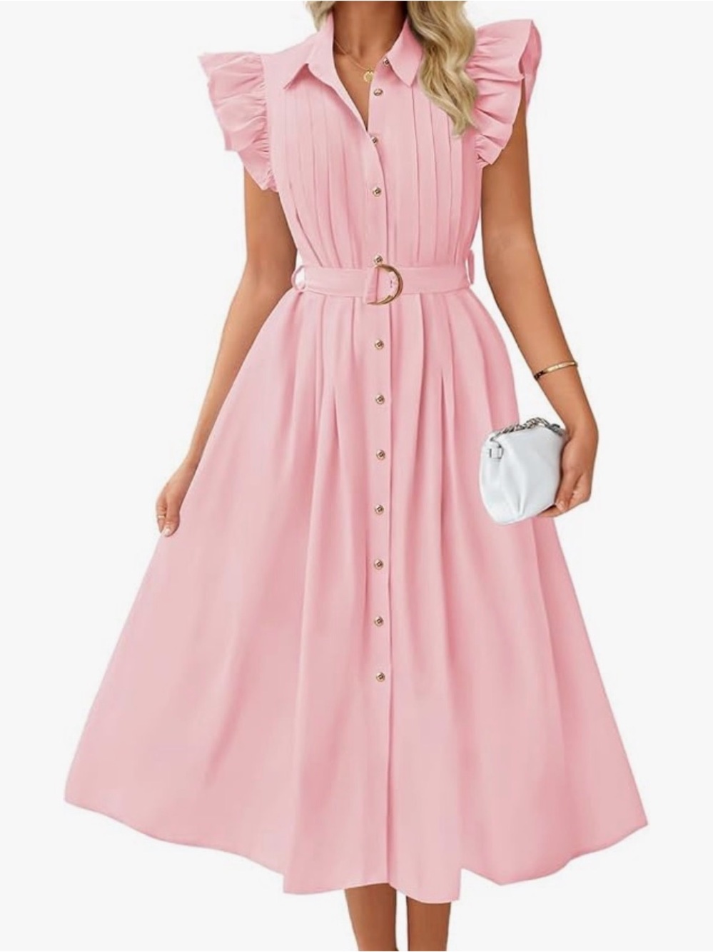 Girls Pink Ruffle Sleeve Shirt Dress with Belt size S like M